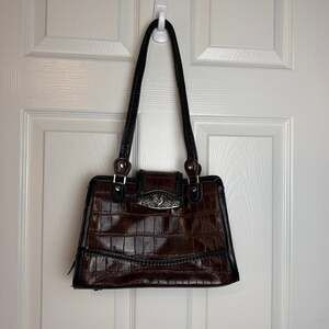 M.C. Brown Croc Embossed Shoulder Bag Black Braided Trim Silver Heart Purse
